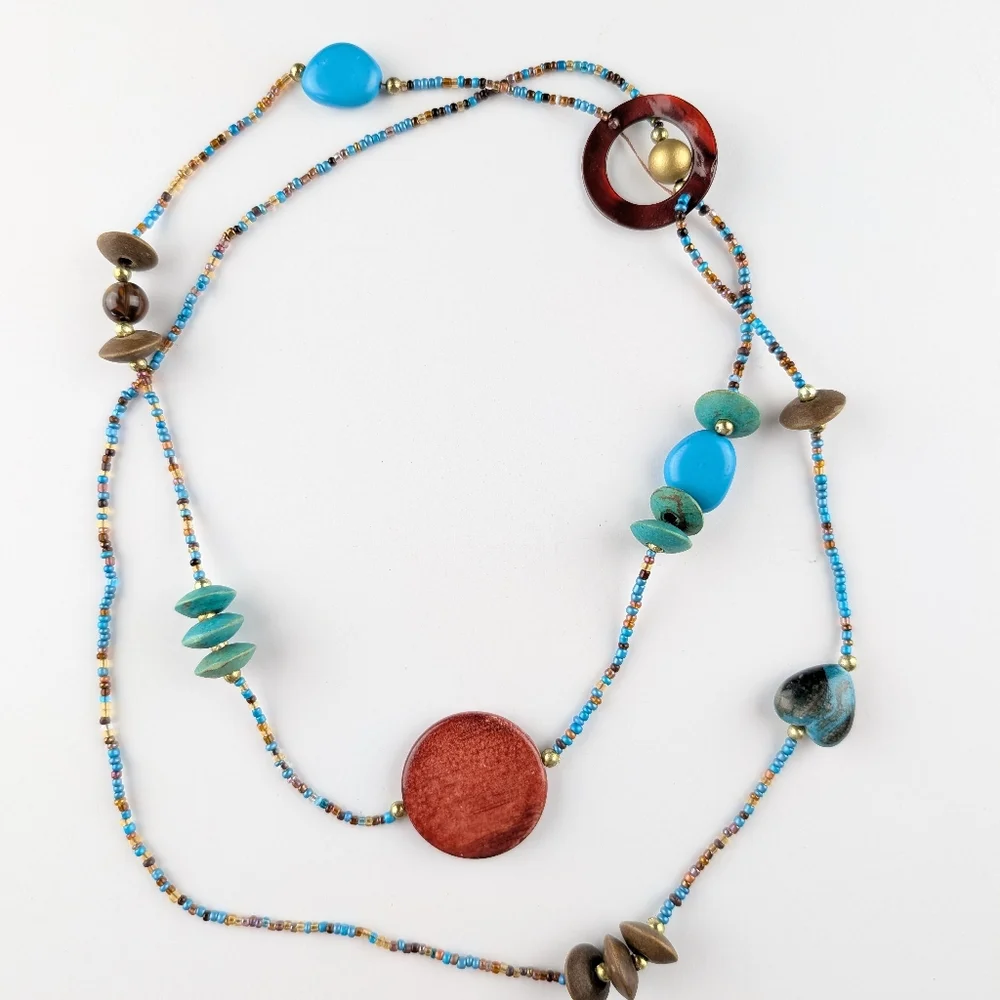 Funky Turquoise And Rust Colored Beaded Necklace - Picture 1 of 5